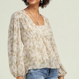 Cabi Couplet Beige & White Floral Puff Sleeve Blouse Top Size XS Small